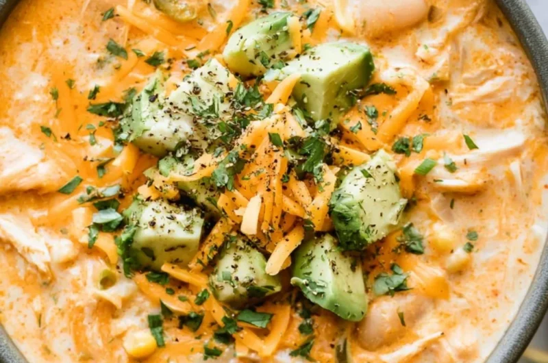Bowl of creamy white chicken chili garnished with cilantro and lime wedges