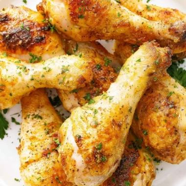 Crispy baked chicken legs drumsticks served on a plate with herbs