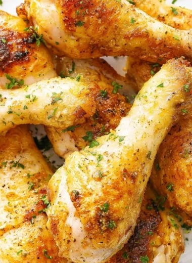 Crispy baked chicken legs drumsticks served on a plate with herbs