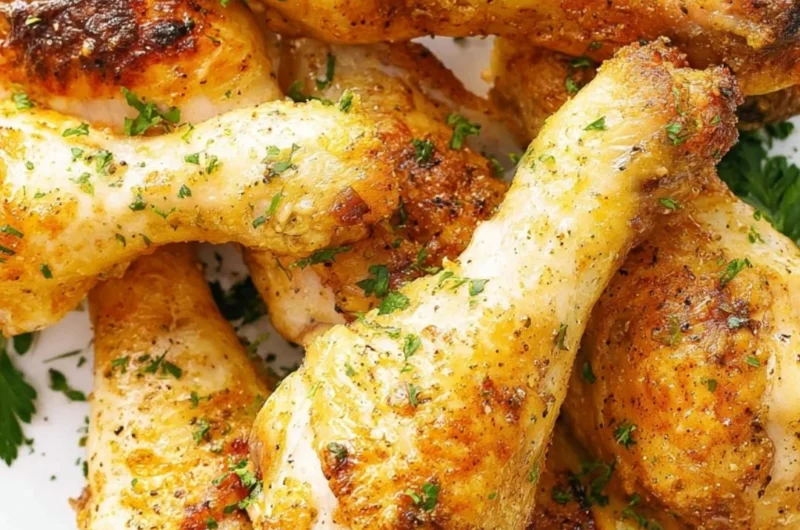 Crispy baked chicken legs drumsticks served on a plate with herbs