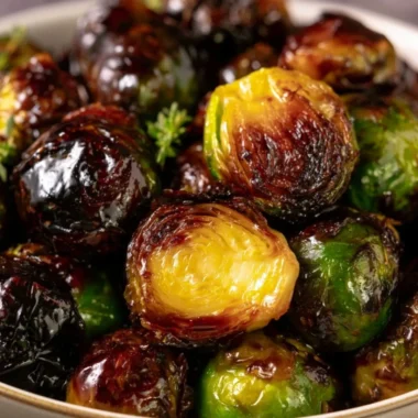 Plate of Crispy Honey Balsamic Brussels Sprouts garnished and ready to serve.