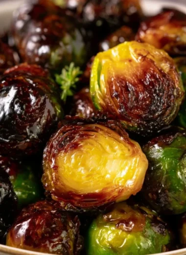 Plate of Crispy Honey Balsamic Brussels Sprouts garnished and ready to serve.