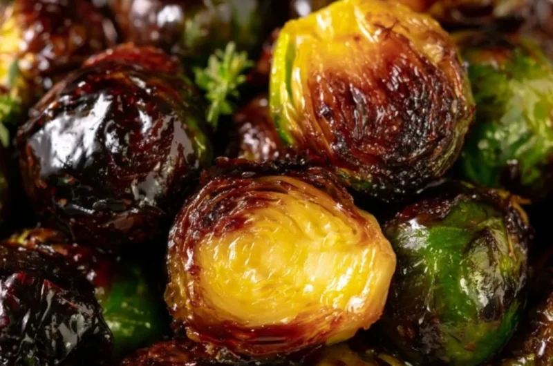 Plate of Crispy Honey Balsamic Brussels Sprouts garnished and ready to serve.