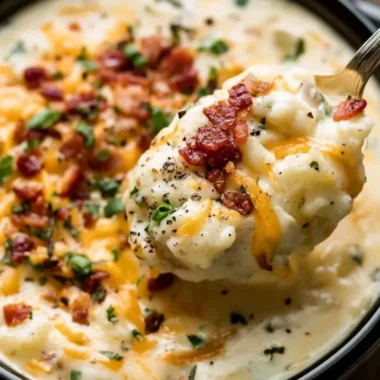 Delicious Crock Pot Crack Potato Soup garnished with green onions and bacon