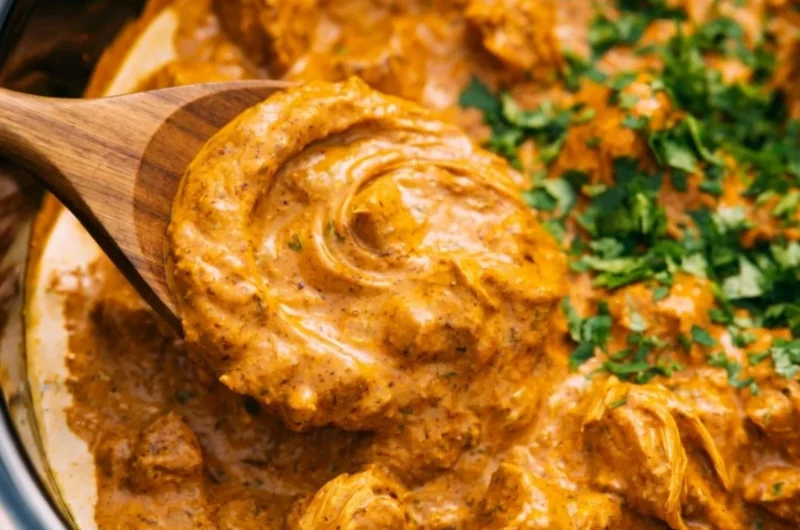 Delicious crockpot butter chicken served with rice and garnished with cilantro.