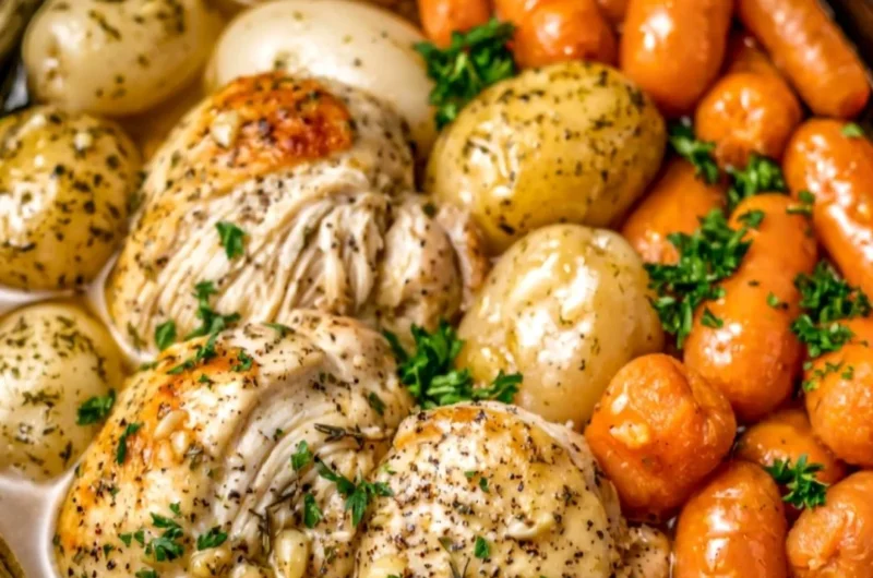Crockpot garlic herb chicken with vegetables cooked for a comforting meal