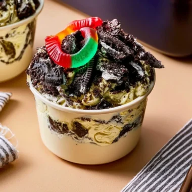 Delicious homemade dirt pudding dessert served in a clear cup with gummy worms.