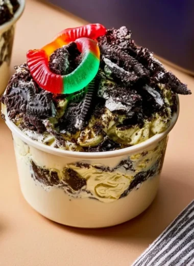 Delicious homemade dirt pudding dessert served in a clear cup with gummy worms.