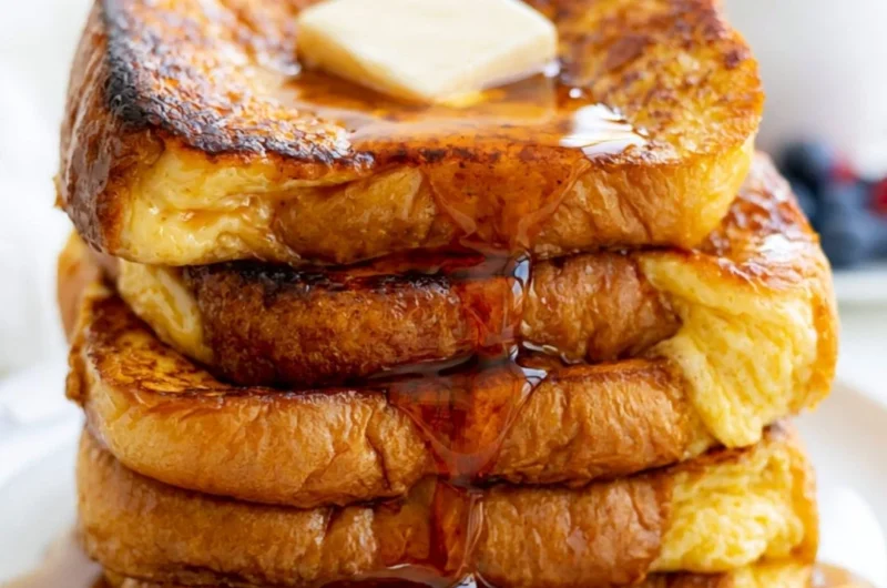 Delicious slice of easy French toast topped with syrup and berries