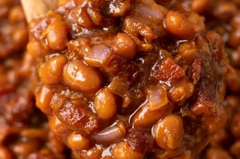 A bowl of delicious Easy Ultimate Baked Beans garnished with herbs