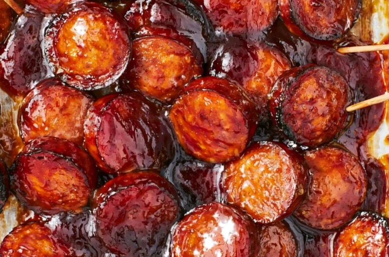 Variety of potluck appetizers including grilled snacks and party foods.