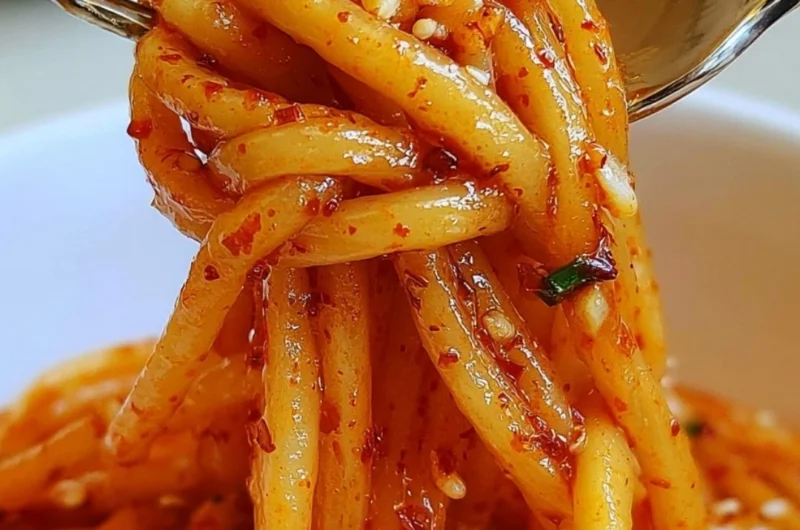 Bowl of Garlic Chili Oil Noodles topped with fresh herbs and spices