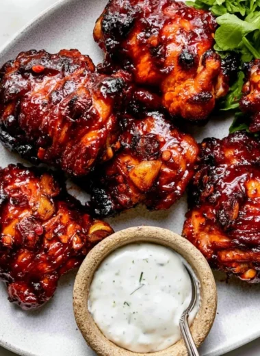 Baked Honey Harissa Chicken garnished with fresh herbs on a serving platter.