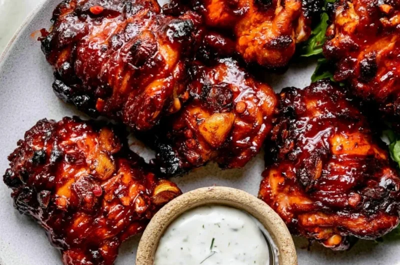 Baked Honey Harissa Chicken garnished with fresh herbs on a serving platter.