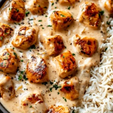 Creamy smothered chicken served with rice in a comforting meal