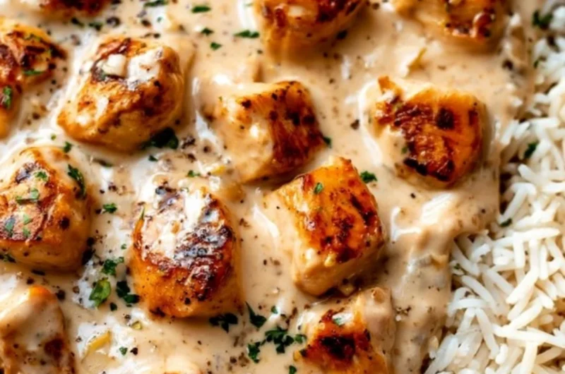 Creamy smothered chicken served with rice in a comforting meal
