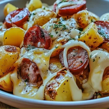 Cheesy ranch potatoes topped with smoked sausage in a delicious dish.