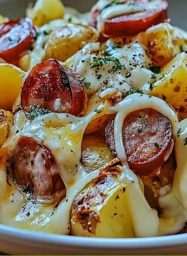 Cheesy ranch potatoes topped with smoked sausage in a delicious dish.