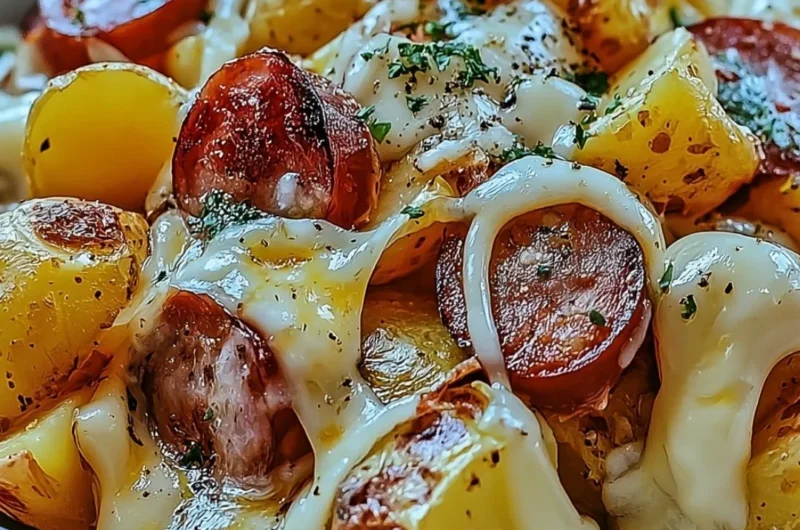 Cheesy ranch potatoes topped with smoked sausage in a delicious dish.