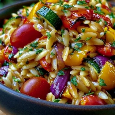 A bowl of roasted vegetable orzo topped with fresh herbs and drizzle of olive oil