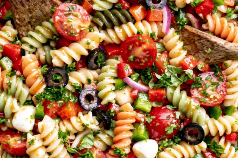 Bowl of Italian pasta salad with colorful vegetables and dressing