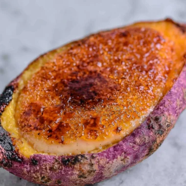 Japanese sweet potato crème brûlée dessert with caramelized sugar topping