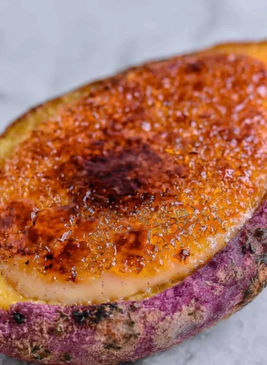 Japanese sweet potato crème brûlée dessert with caramelized sugar topping