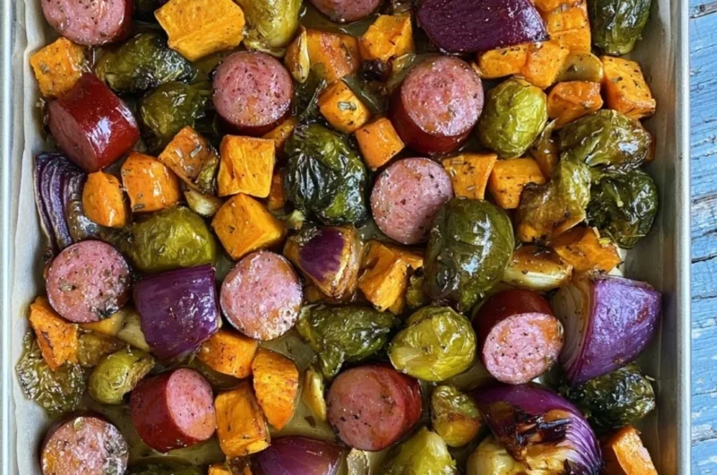 Sheet pan meal featuring Maple Dijon Sausage and colorful roasted veggies