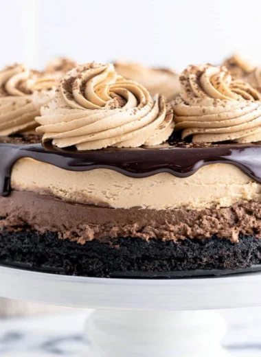 Decadent Mocha Cheesecake topped with cocoa and coffee flavors