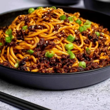 Delicious Mongolian Ground Beef Noodles served in a bowl