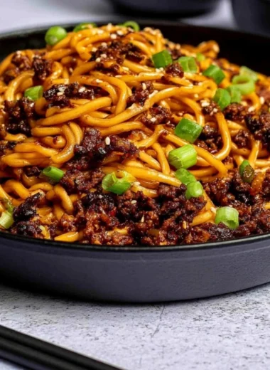 Delicious Mongolian Ground Beef Noodles served in a bowl