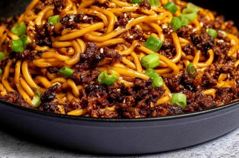 Delicious Mongolian Ground Beef Noodles served in a bowl