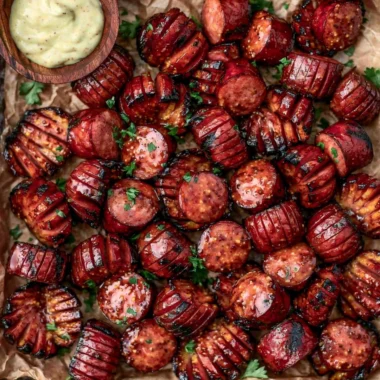 Mustard Hasselback Kielbasa Bites, a savory appetizer idea for parties.