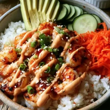 Shrimp rice bowl with spicy mayo served in a bowl.