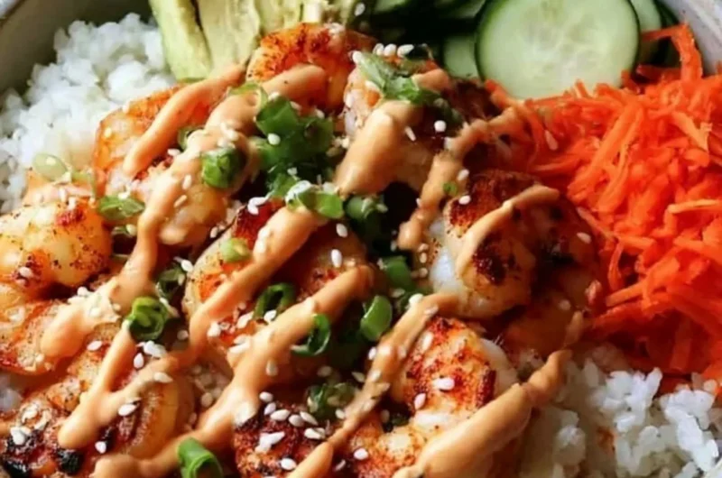Shrimp rice bowl with spicy mayo served in a bowl.