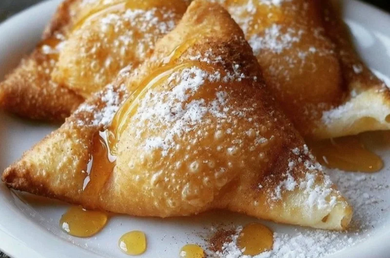 Freshly made sopaipillas garnished with honey and powdered sugar
