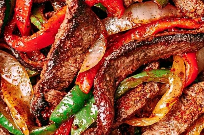 Delicious steak fajitas served with peppers and onions on a plate