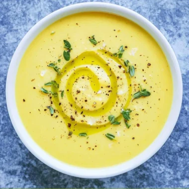 Bowl of creamy Summer Squash Soup garnished with herbs and seasonings