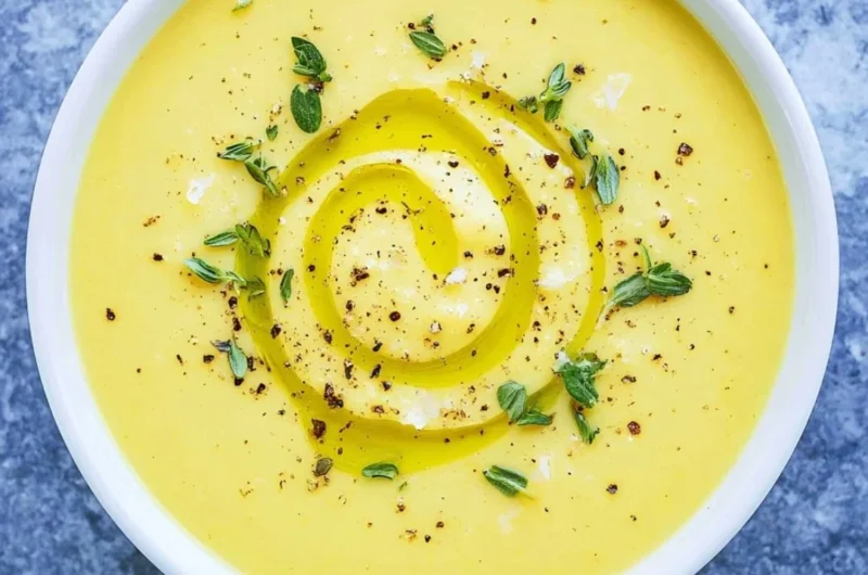 Bowl of creamy Summer Squash Soup garnished with herbs and seasonings