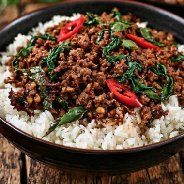 Delicious plate of Thai Basil Beef stir-fry with fresh herbs and spices