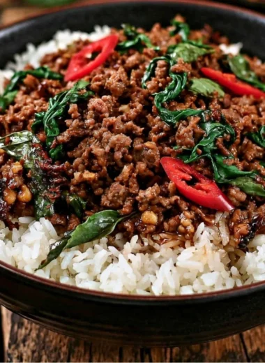 Delicious plate of Thai Basil Beef stir-fry with fresh herbs and spices