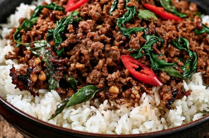 Delicious plate of Thai Basil Beef stir-fry with fresh herbs and spices