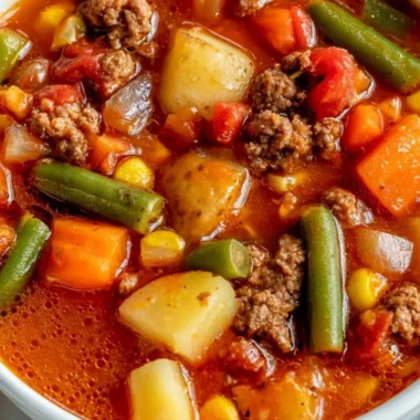 Bowl of homemade vegetable beef soup with fresh vegetables and tender beef