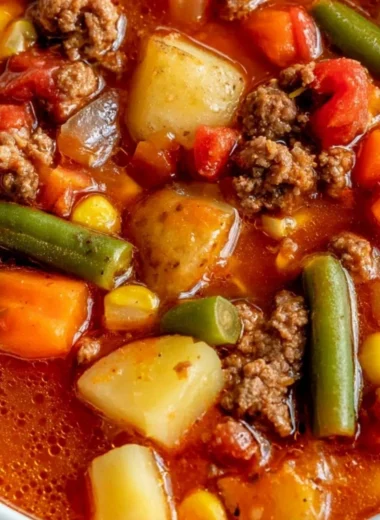 Bowl of homemade vegetable beef soup with fresh vegetables and tender beef