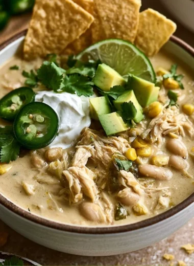 Bowl of White Chicken Chili topped with cilantro and cheese