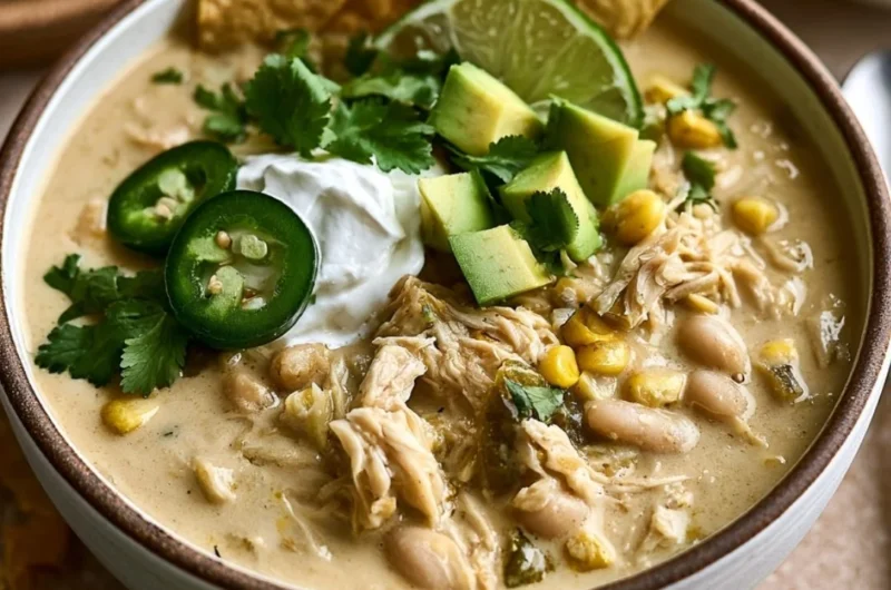 Bowl of White Chicken Chili topped with cilantro and cheese