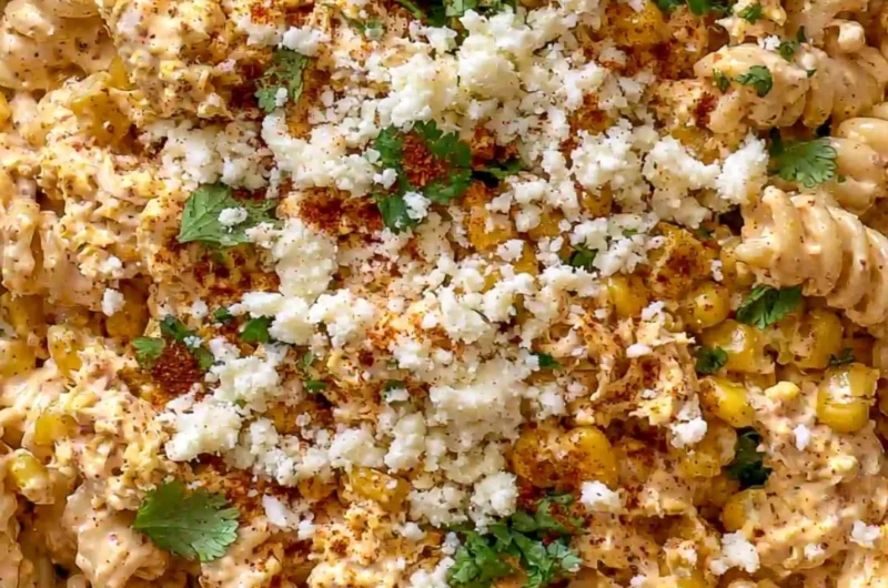 Zesty Mexican Street Corn Chicken Pasta Salad in a bowl garnished with fresh herbs