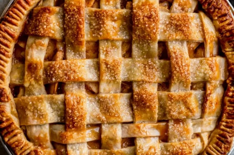 Slice of caramel apple pie topped with caramel drizzle and fresh apple slices.