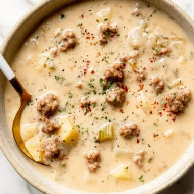 Bowl of creamy sausage soup garnished with herbs