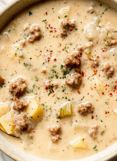 Bowl of creamy sausage soup garnished with herbs